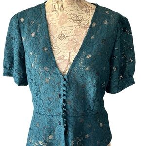 Free People Green and Blue Buttoned Fitted Blouse